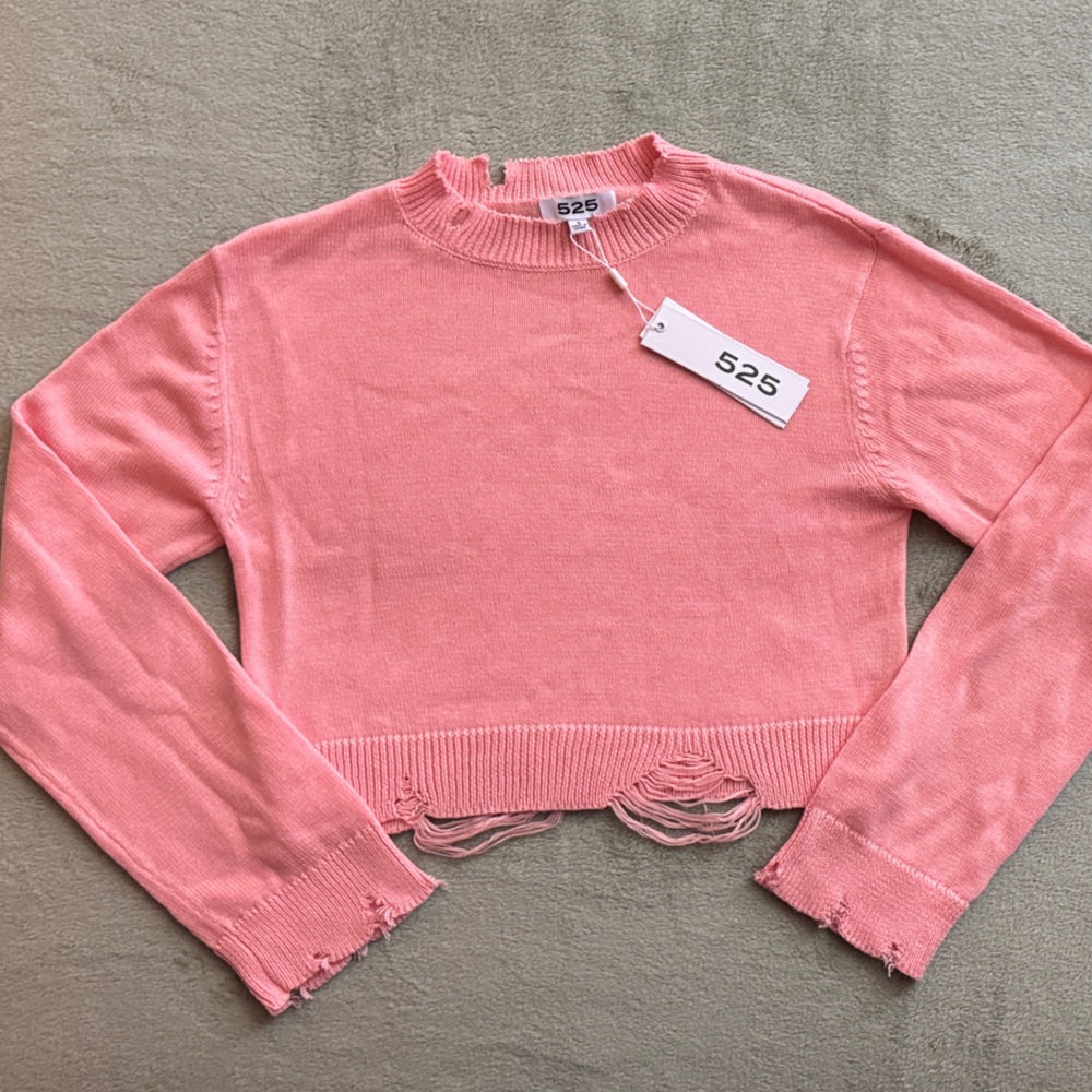 525 America Coral Distressed Hem Sweater
